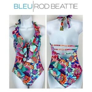 BLEU Rod Beattie plunging lace up Make it Pop ruffle One Peace Swimsuit sz 10